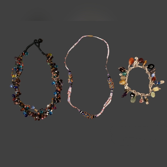 (Bundle) Gem Beaded Chocker, African Trade Necklace & Gem Glass Charm Bracelet - Picture 1 of 10